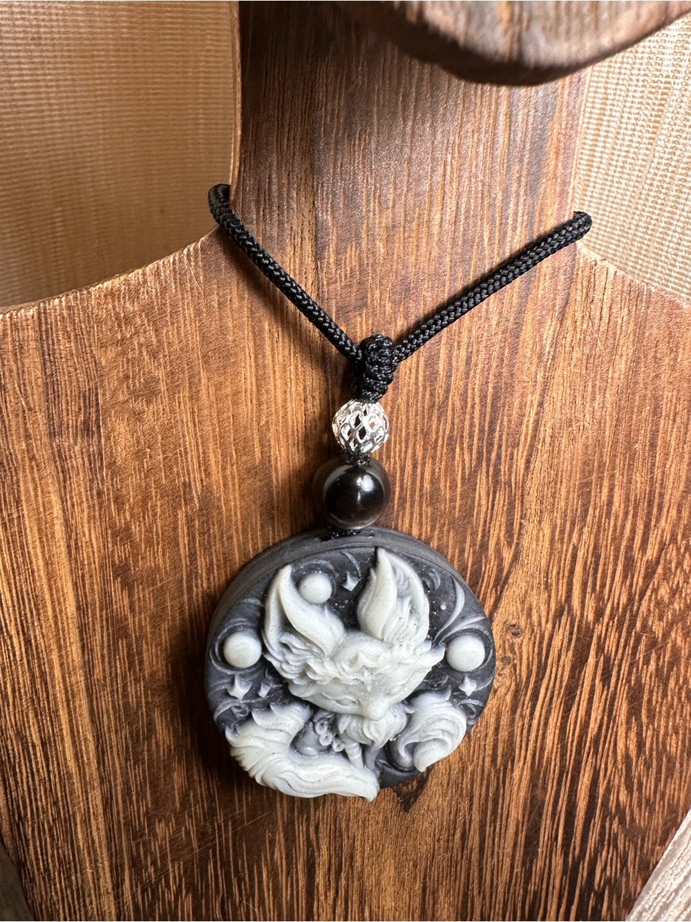 Tai Chi Stone Fox Pendant Necklace on Black Rope - Picture 7 of 14